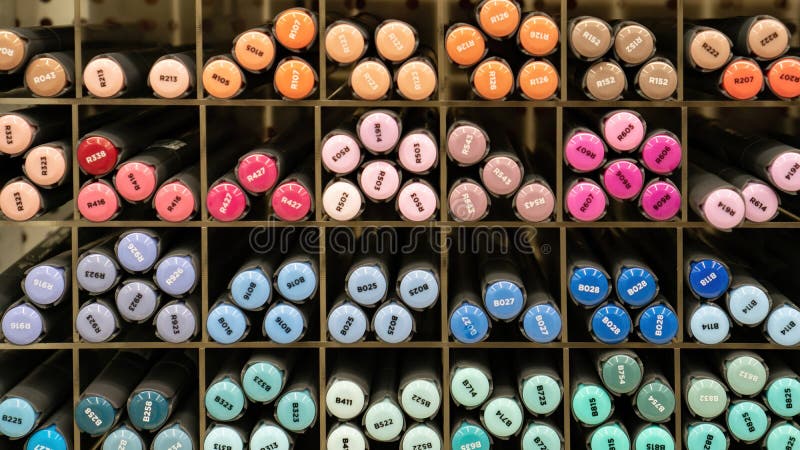 Sketching Markers are Arranged in Cells on the Shelf of a Stationery Store  for Professional Artists. Alcohol Markers Variety Stock Photo - Image of  double, coloring: 230186572