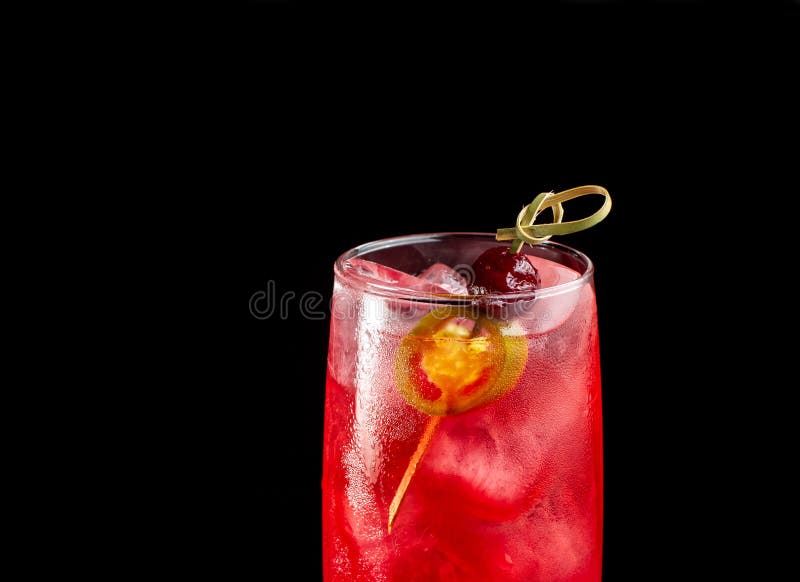 Alcoholic Cocktail with Cherries. Cherry in Transparent Glass Beaker ...