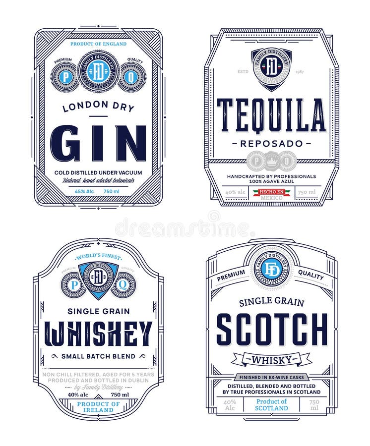Alcoholic drinks labels. Alcoholic drinks vintage thin line labels and packaging design templates. Gin, tequila, whiskey and scotch labels. Distilling business vector illustration Alcoholic drinks labels. Alcoholic drinks vintage thin line labels and packaging design templates. Gin, tequila, whiskey and scotch labels. Distilling business vector illustration