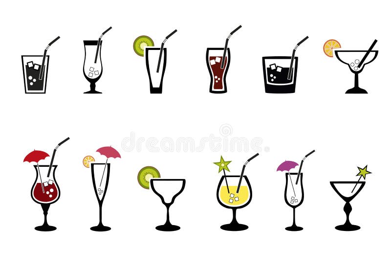 Alcoholic drinks set. Glass of champagne, margarita, brandy, whiskey with ice, cocktail, wine, vodka, tequila and cognac. Isolated vector illustration Alcoholic drinks set. Glass of champagne, margarita, brandy, whiskey with ice, cocktail, wine, vodka, tequila and cognac. Isolated vector illustration