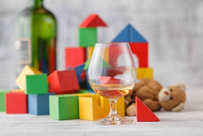 Alcoholism Issue. Broken Toy Blocks City, Baby House Building Br