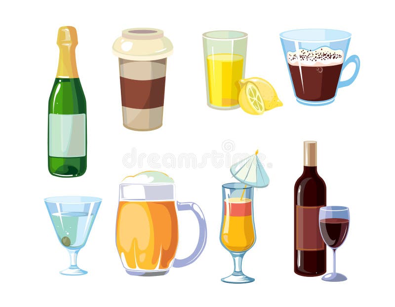 Alcool et boissons non alcoolisées avec des bouteilles, vecteur en verre illustration libre de droits Alcool et boissons non alcoolisées avec des bouteilles, vecteur en verre illustration libre de droits