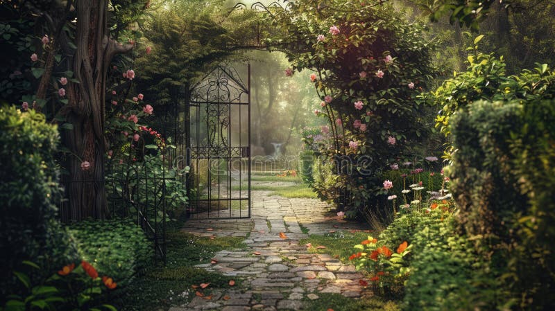 Hidden alcove of solitude behind a vintage gate in a tranquil secret garden. Private retreats. AI generated. Hidden alcove of solitude behind a vintage gate in a tranquil secret garden. Private retreats. AI generated