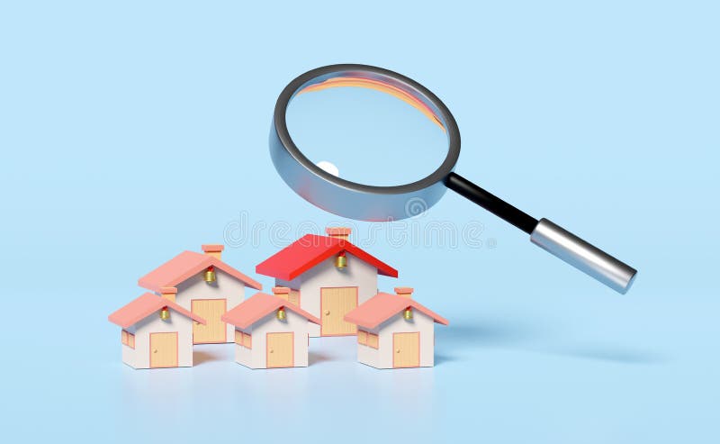 Aldea con lupa aislada en fondo azul. concepto de búsqueda de datos de compras en línea ilustración 3d representación 3d stock de ilustración