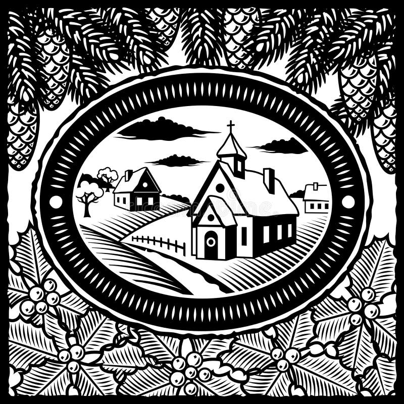 Retro winter village in style of engraving. Black and white illustration with clipping mask. Retro winter village in style of engraving. Black and white illustration with clipping mask.