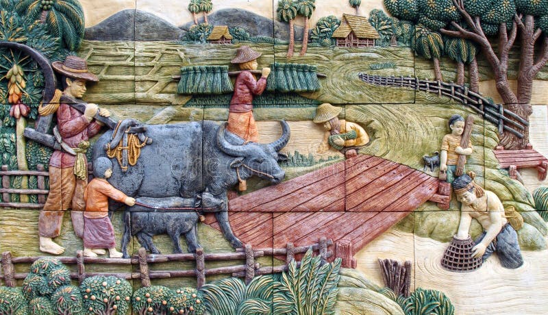 Aldea tailandesa del granjero, arte en la pared fotografía de archivo Aldea tailandesa del granjero, arte en la pared fotografía de archivo