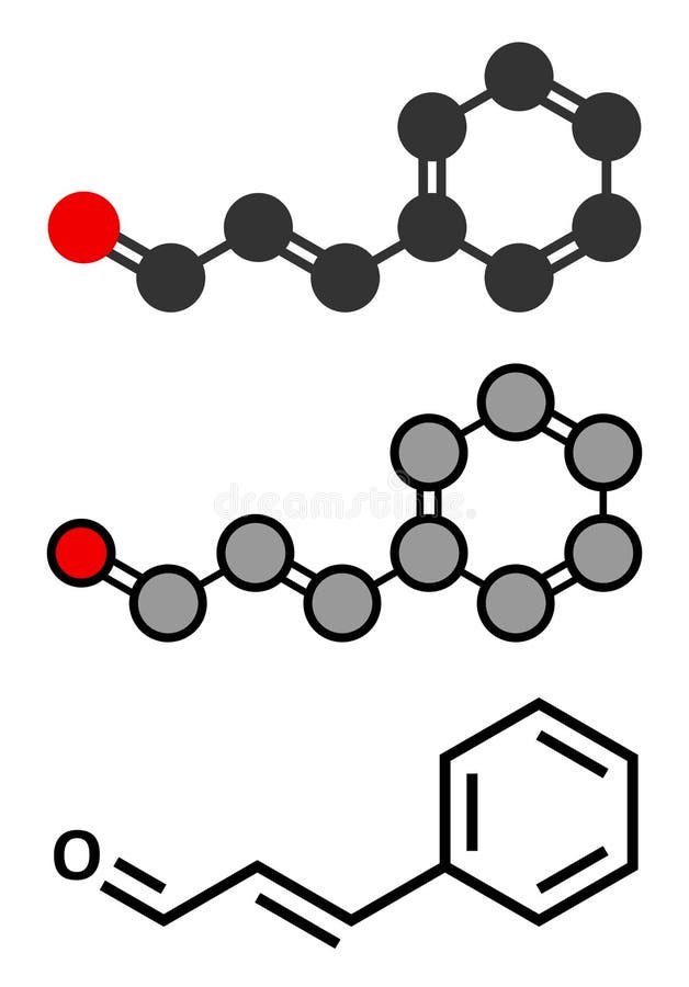 Aldehydezimt-Aromamolekül des Zimtaldehyds Zimt-. stilisierte 2d Reproduktion und konventionelle skelettale Formel