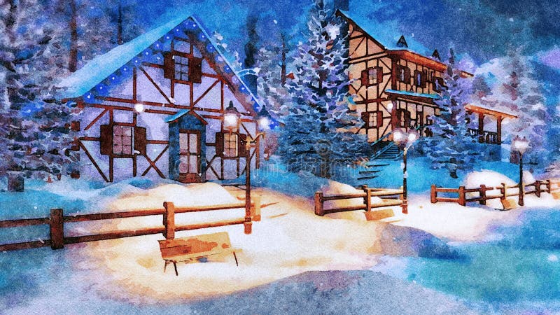 Cozy snowbound alpine village high in mountains with half-timbered rural houses and christmas lights at snowy winter night. Digital art watercolor painting from my own 3D rendering file. Cozy snowbound alpine village high in mountains with half-timbered rural houses and christmas lights at snowy winter night. Digital art watercolor painting from my own 3D rendering file
