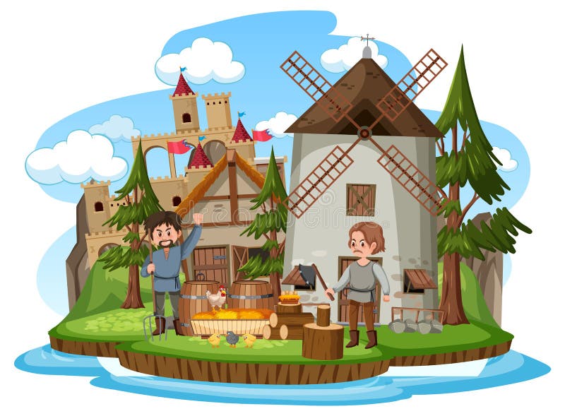 Casa Medieval Com Ilustração De Moinho De Vento E Aldeões Royalty