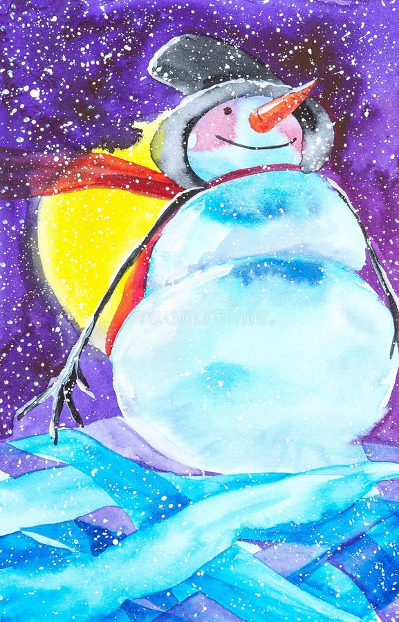 Alegre muñeco de nieve con una bufanda roja y una gorra negra al fondo de una gran luna amarilla Ilustración de acuarela de vacac stock de ilustración Alegre muñeco de nieve con una bufanda roja y una gorra negra al fondo de una gran luna amarilla Ilustración de acuarela de vacac stock de ilustración