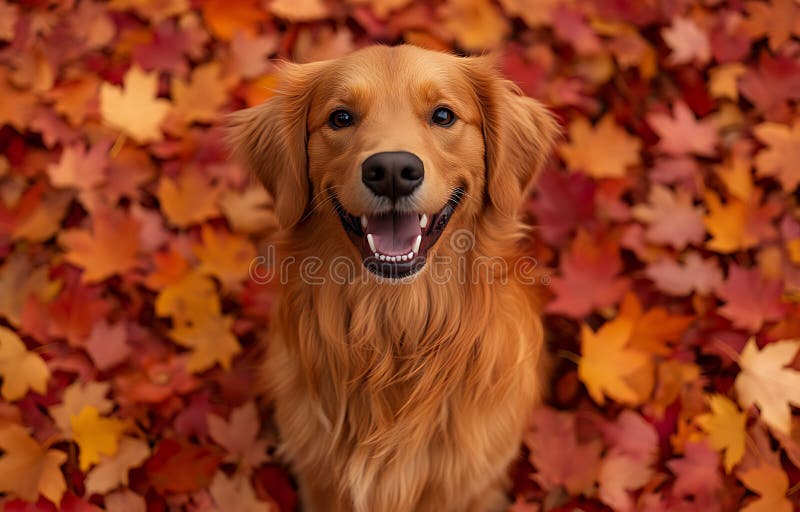 Alegre recuperador de oro en medio de vibrantes hojas de otoño. stock de ilustración