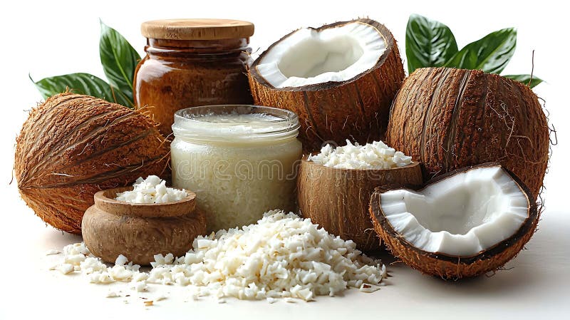 Alegría tropical Cocos frescos triturados de coco y aceite de coco en jarras. Una imagen vibrante perfecta para la belleza de la s ilustración del vector