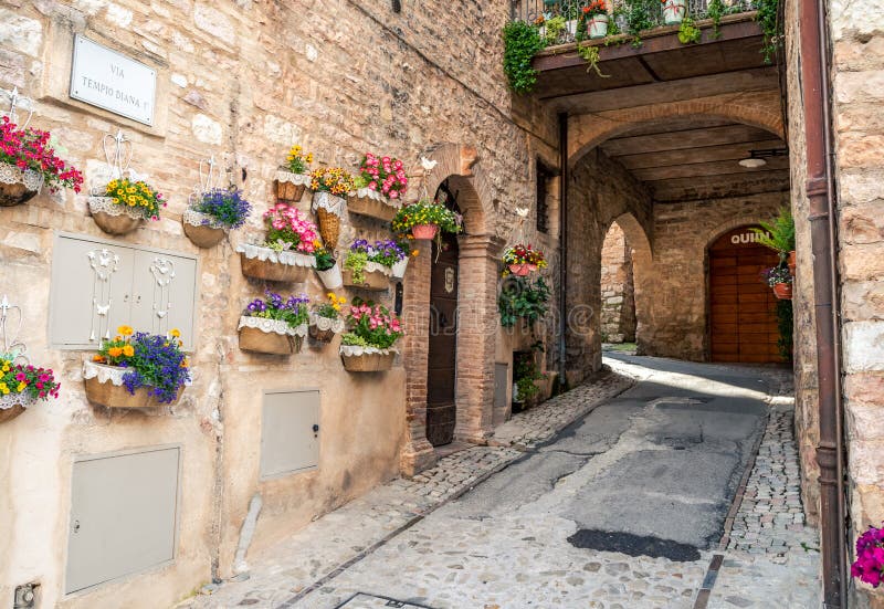 Aleia e construções medievais italianas tradicionais no centro histórico da cidade bonita de Spello, em Umbria Region, Itália imagem de stock royalty free