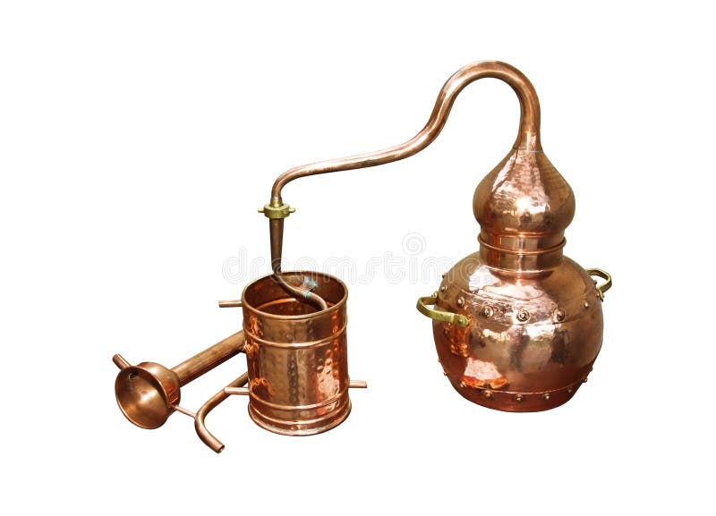 Alembic Copper - Distillation apparatus employed for the distillation of alcohol, essential oils and moonshine. Modern wine distillery for the home made of the wine isolated on white. Alembic Copper - Distillation apparatus employed for the distillation of alcohol, essential oils and moonshine. Modern wine distillery for the home made of the wine isolated on white.