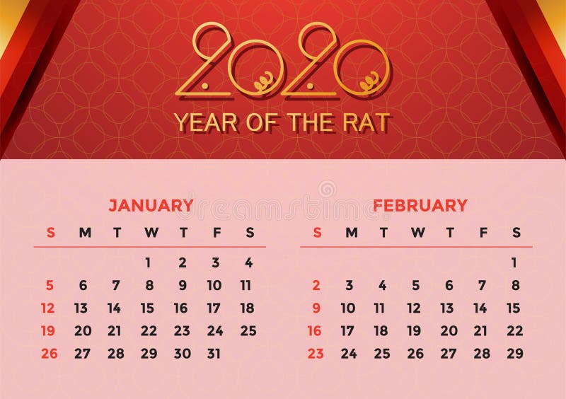 Calendar 2020. Chinese New Year. Year Of The Rat. Concept With Of Asian