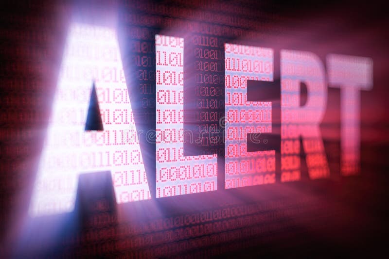 ALERT bright glowing word on computer screen filled with binary code stock illustration