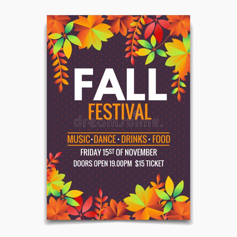 Aletta di filatoio di festival di caduta o modello del manifesto Foglie di autunno luminose su fondo scuro