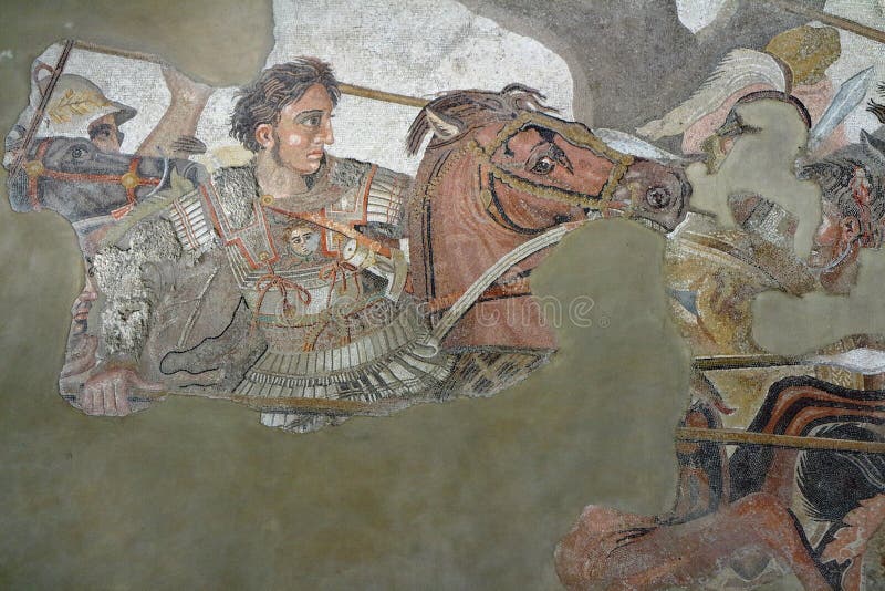 Pompeii, Italy - April 1, 2017: Ancient roman mosaic of Alexander the Great in battle against Darius, from Pompeii site. Pompeii, Italy - April 1, 2017: Ancient roman mosaic of Alexander the Great in battle against Darius, from Pompeii site.