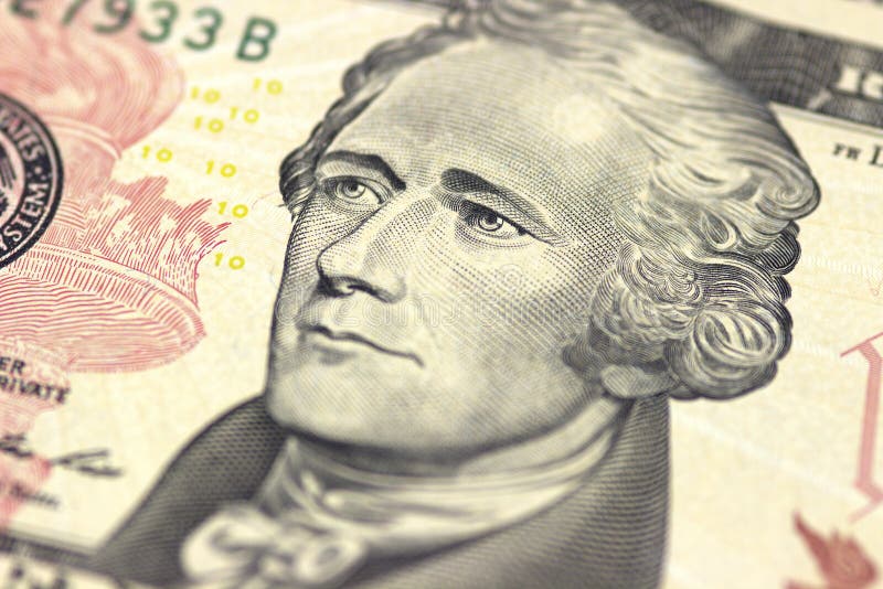 Alexander Hamilton stawia czoło na USA dziesięć lub 10 rachunku makro- dolarach, zlany stanu pieniądze zbliżenie