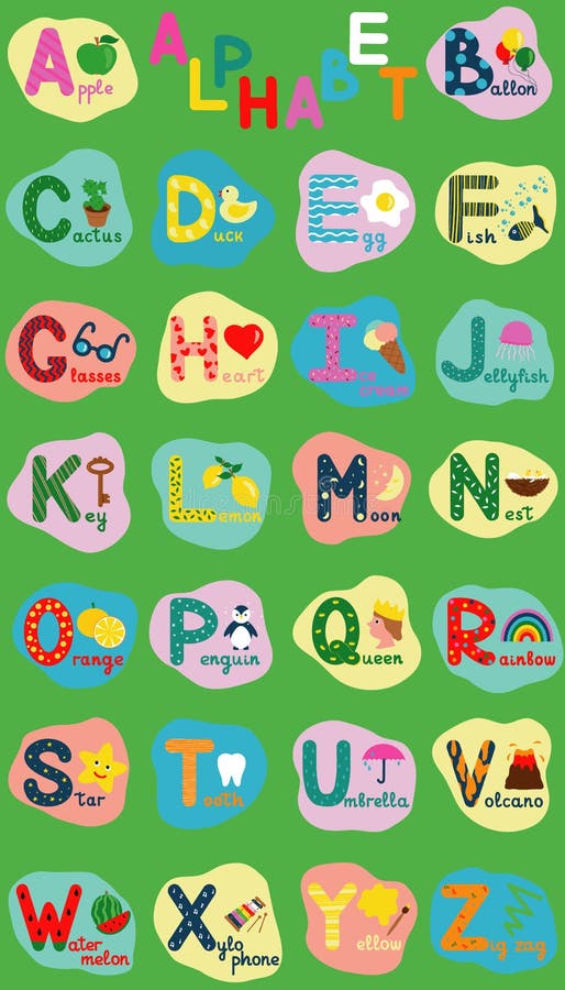 English alphabet for children, whole alphabet with words in uppercase. Cute kids colorful ABC alphabet in cartoon style, flashcard for learning English vocabulary, vector illustration. English alphabet for children, whole alphabet with words in uppercase. Cute kids colorful ABC alphabet in cartoon style, flashcard for learning English vocabulary, vector illustration