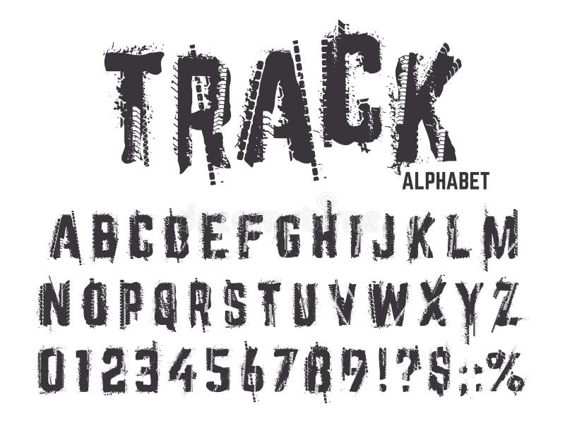 Tire tracks alphabet. Grunge texture treads letters and numbers, typography car wheel tire tracks lettering abc isolated vector symbols set. Alphabet and abc type, black tire textured illustration. Tire tracks alphabet. Grunge texture treads letters and numbers, typography car wheel tire tracks lettering abc isolated vector symbols set. Alphabet and abc type, black tire textured illustration