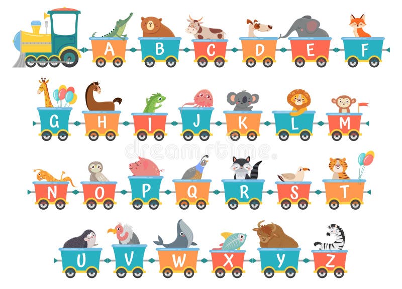 Alfabet-tåg med djur. illustration av tecknade djur i van van