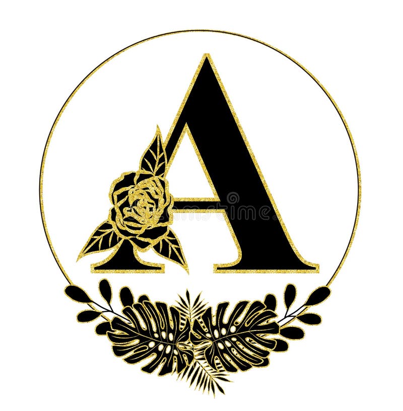 Alfabet z różą. alfabet kwiatowy a. złota litera monogramu w ramce. alfabet botaniczny. monogram ślubny