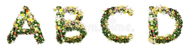 Alfabetbokstav som ETT B C D gjorde från isolerade färgrika blommor på w arkivfoton Alfabetbokstav som ETT B C D gjorde från isolerade färgrika blommor på w arkivfoton
