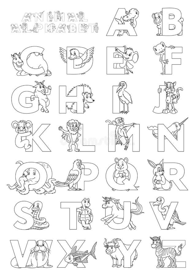 Alfabeto de livro de colorir de animais isolado no fundo branco