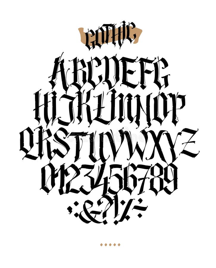 Alfabeto completo en el estilo gótico Vector Letras y símbolos en un fondo blanco Caligrafía y letras Latino medieval