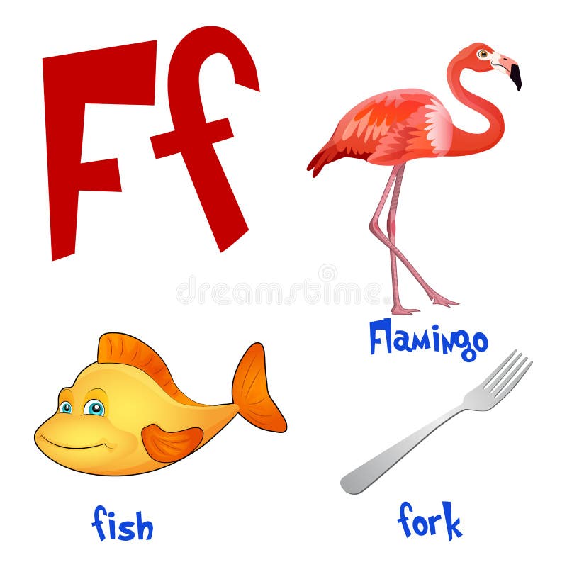  Alfabeto De Dibujos Animados De Niños Lindos Vectoriales Letra F Con Flamenco, Pescado Y Tenedor Ilustración del Vector
