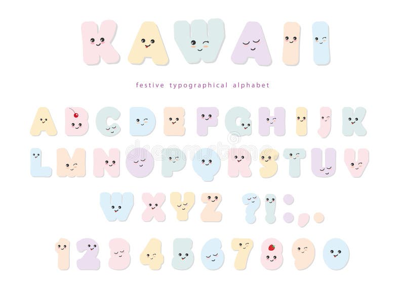 Alfabeto de Kawaii nas cores pastel com as caras de sorriso engraçadas Para cartões do aniversário, o convite do partido, criança ilustração stock Alfabeto de Kawaii nas cores pastel com as caras de sorriso engraçadas Para cartões do aniversário, o convite do partido, criança ilustração stock