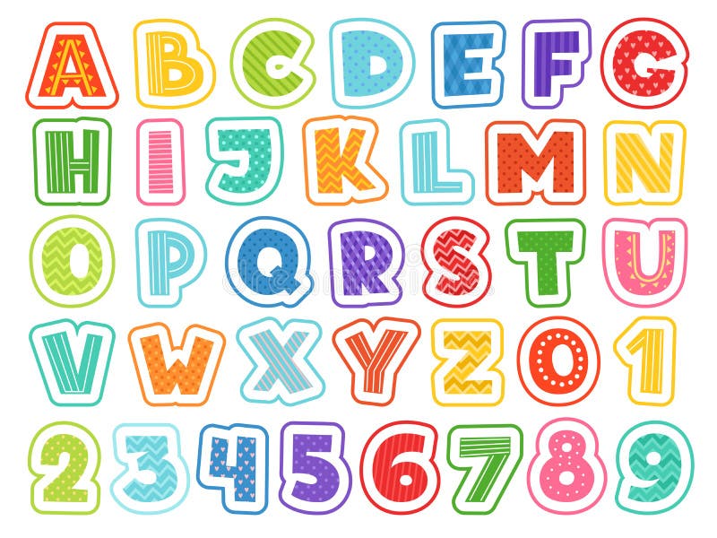 Alfabeto de la historieta Muestras y símbolos coloreados lindos de números de las letras para la fuente divertida del vector de l