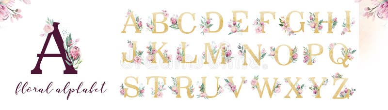 Alfabeto de la letra del brillo del oro Fuentes alfabéticas de oro aisladas y números en el fondo blanco Texto floral de la fuent