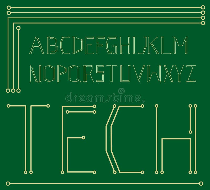 Vector yellow digital alphabet on a green background. Vector yellow digital alphabet on a green background