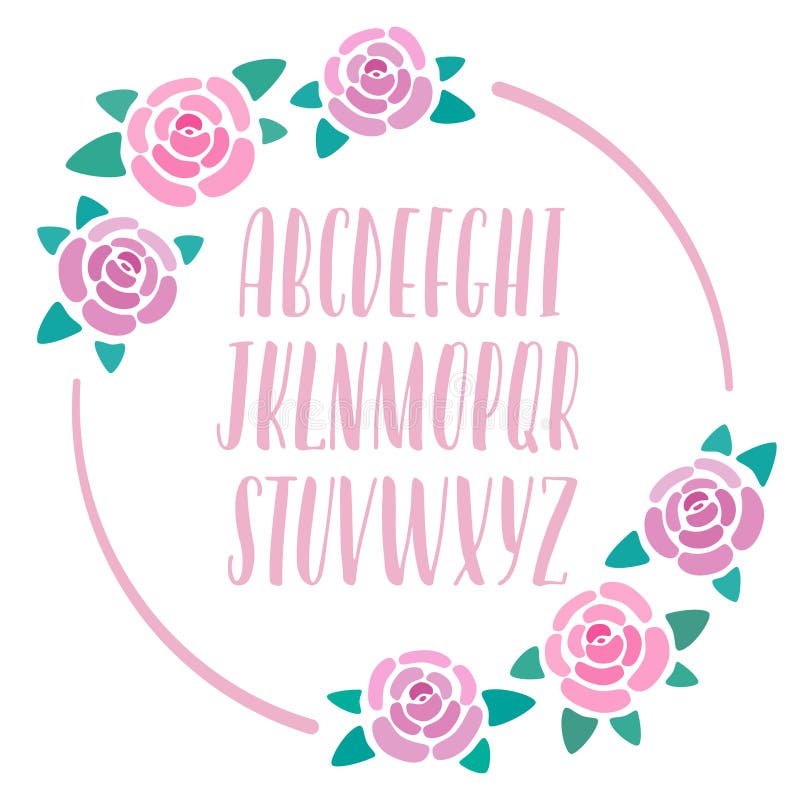 Alfabeto desenhado à mão cor-de-rosa com decoração das rosas, rotulação moderna, letras caligráficas principais, fonte para bande ilustração stock Alfabeto desenhado à mão cor-de-rosa com decoração das rosas, rotulação moderna, letras caligráficas principais, fonte para bande ilustração stock