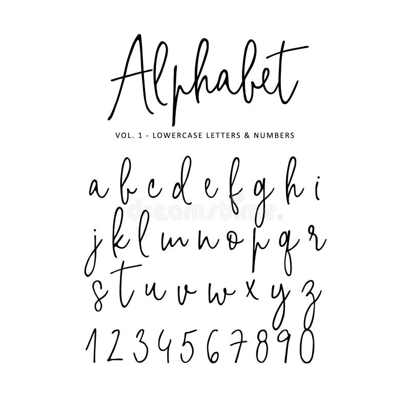 Alfabeto disegnato a mano di vettore Fonte moderna dello scritto della firma di monoline Lettere minuscole isolate e numeri scrit