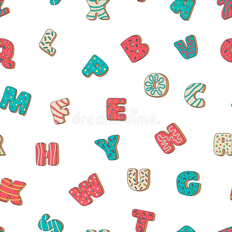 Alfabeto dulce de la galleta con el modelo inconsútil de congelación multicolor ilustración del vector Alfabeto dulce de la galleta con el modelo inconsútil de congelación multicolor ilustración del vector