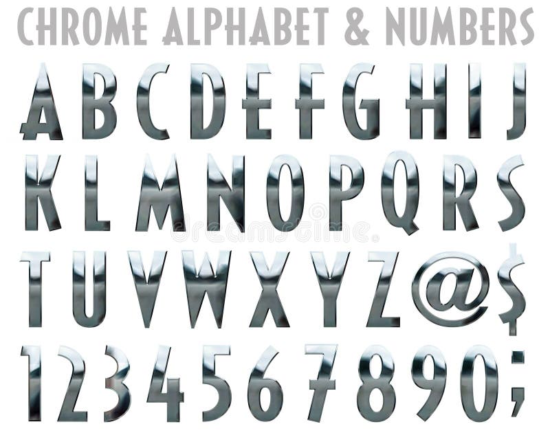 Alfabeto e numeri di Chrome illustrazione vettoriale Alfabeto e numeri di Chrome illustrazione vettoriale