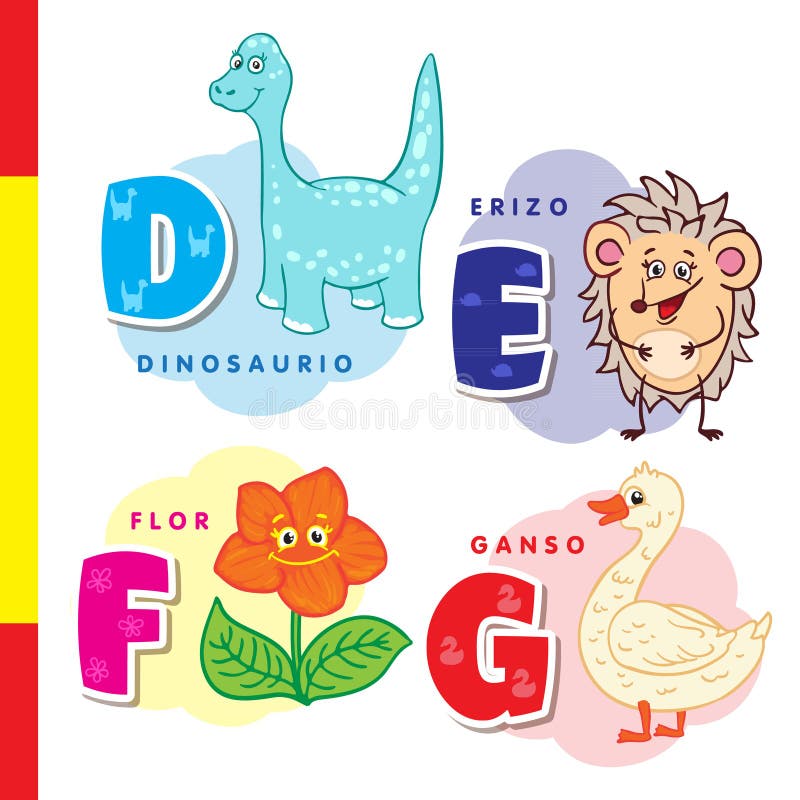 Alfabeto espanhol Dinossauro, ouriço, flor, ganso Letras e caráteres do vetor ilustração royalty free Alfabeto espanhol Dinossauro, ouriço, flor, ganso Letras e caráteres do vetor ilustração royalty free