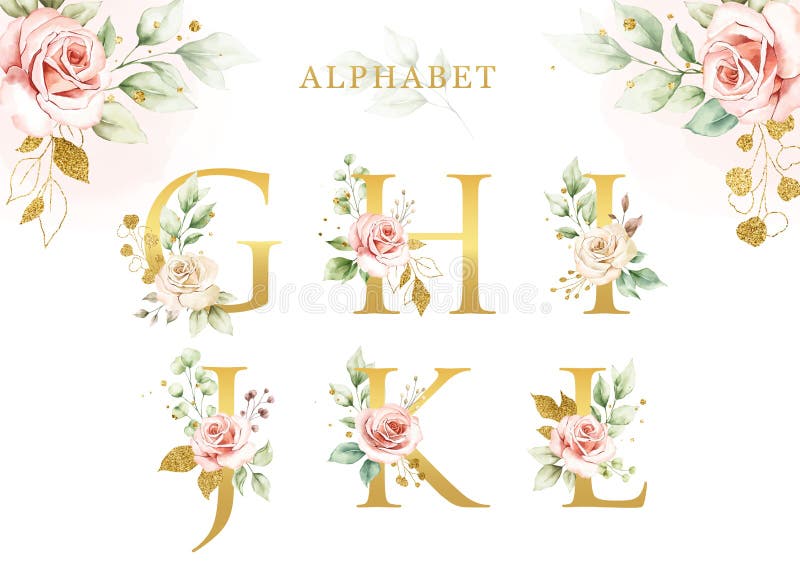Alfabeto floral de cor aquosa, conjunto de g h i j k l com folhas douradas