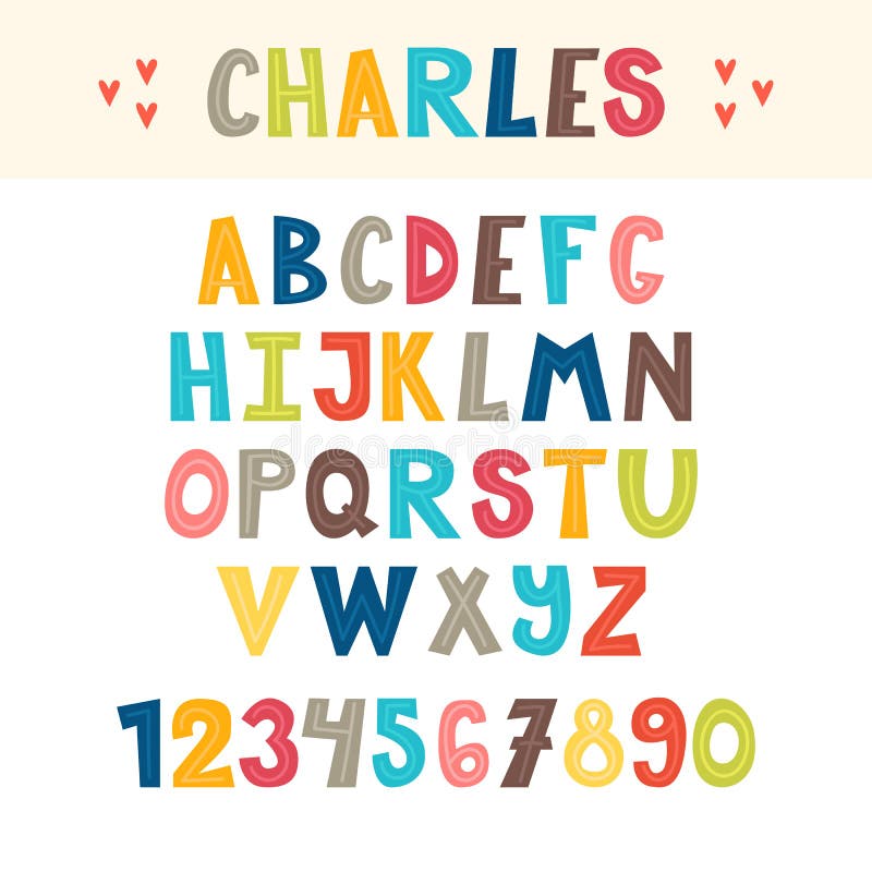 Alfabeto inglese disegnato a mano variopinto divertente Lettere e numeri svegli font illustrazione di stock Alfabeto inglese disegnato a mano variopinto divertente Lettere e numeri svegli font illustrazione di stock