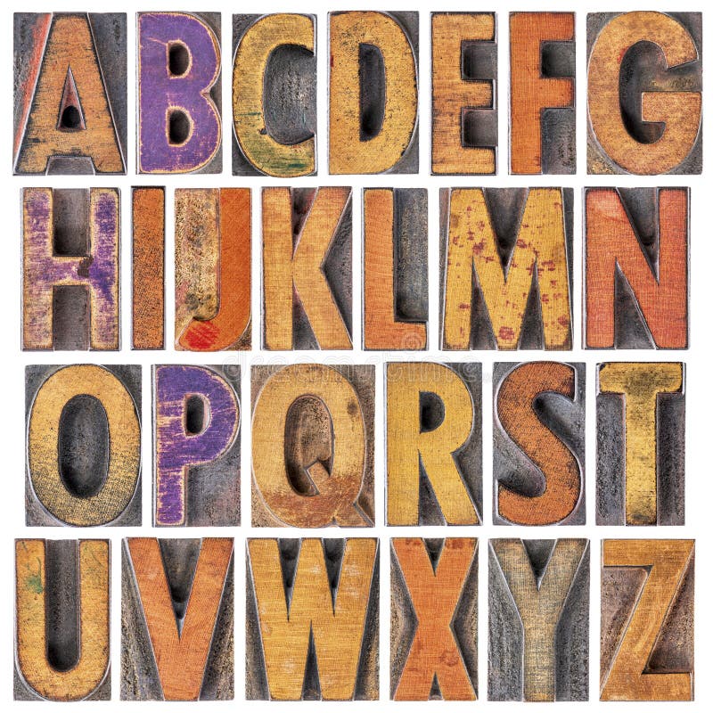 Alfabeto inglés en tipo de madera de la prensa de copiar del vintage