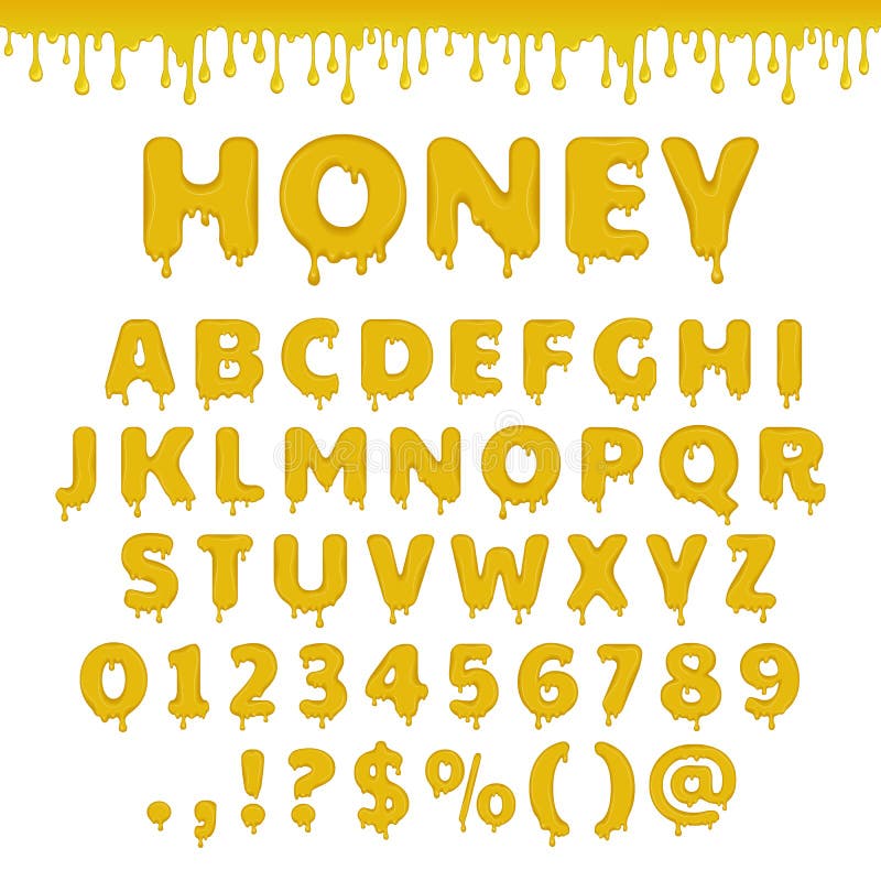 Honey latin alphabet, abc. Vector set of text font symbols and numbers. Drops and splash of flow sweet caramel yellow liquid or gel. Illustration on white background. Honey latin alphabet, abc. Vector set of text font symbols and numbers. Drops and splash of flow sweet caramel yellow liquid or gel. Illustration on white background.