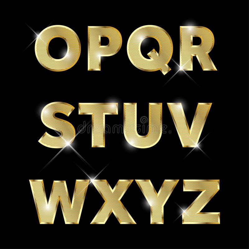 Gold glittering metal alphabet set from O to Z uppercase. Gold glittering metal alphabet set from O to Z uppercase.