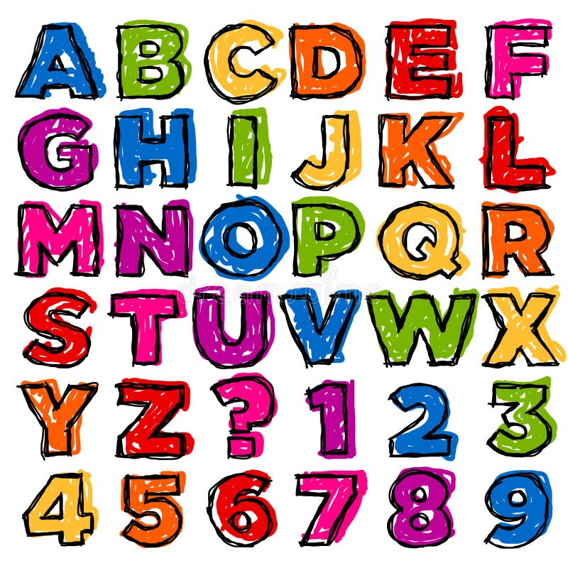 Alfabeto y números coloridos del Doodle