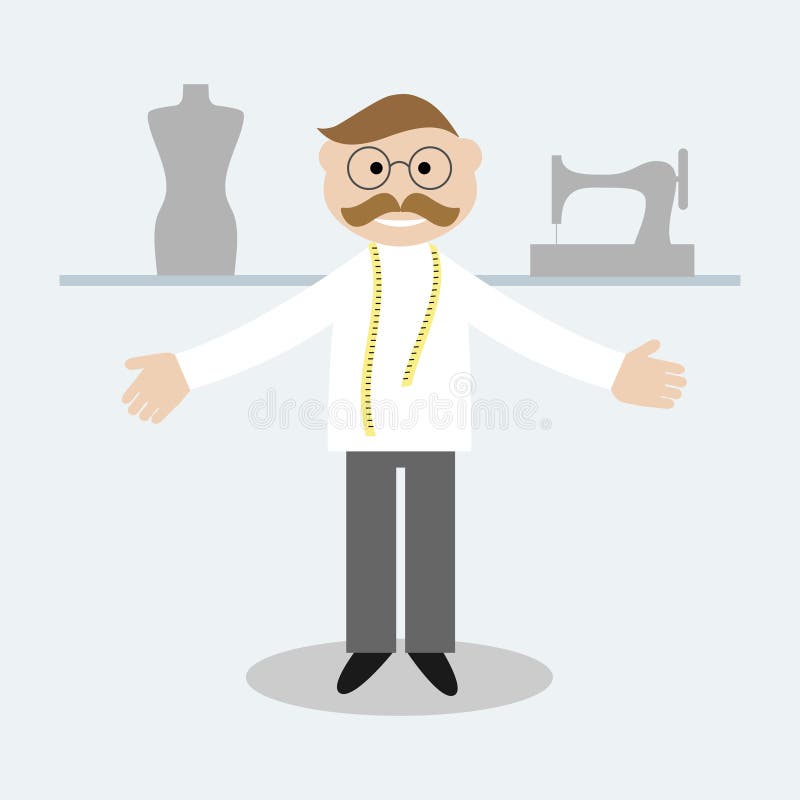 Alfaiate com a fita de medição no pescoço Alfaiate, manequim e máquina de costura ilustração royalty free Alfaiate com a fita de medição no pescoço Alfaiate, manequim e máquina de costura ilustração royalty free