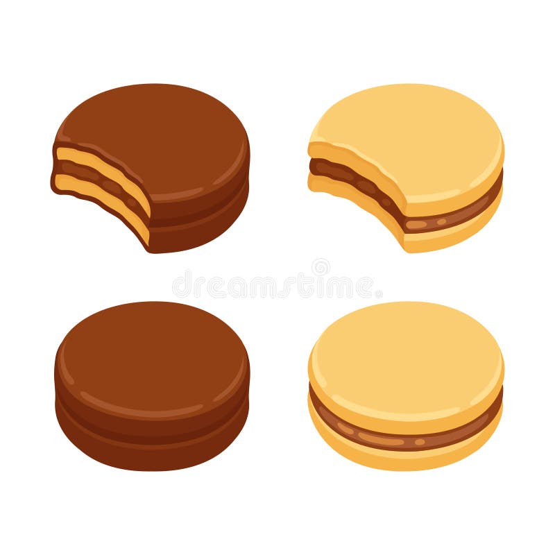 Alfajor sandwich cookie set, with dulce de leche filling and covered with chocolate. Isolated vector clip art illustration. Alfajor sandwich cookie set, with dulce de leche filling and covered with chocolate. Isolated vector clip art illustration