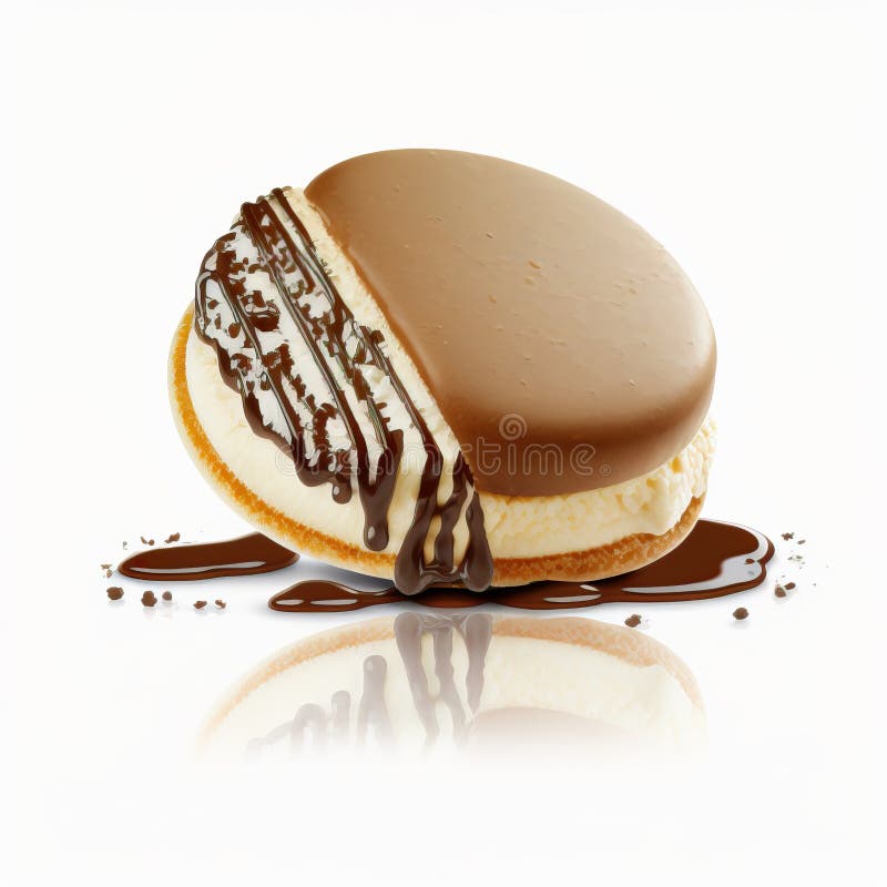 Alfajor stuffed with dulce de leche and covered with chocolate, 3D realistic organic illustration, on white background. Generative AI Technology