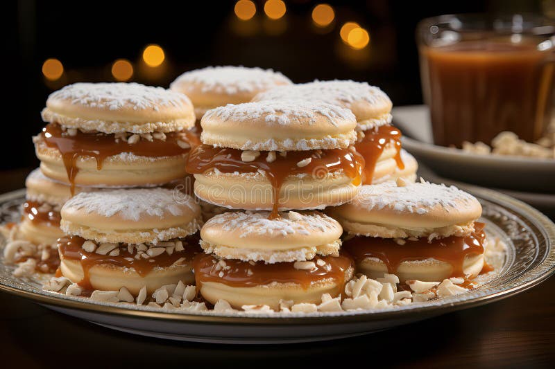 Alfajores - delicate sandwich cookies with a dulce de leche filling,elegantly presented with powdered sugar and rich chocolate,inviting indulgence. Alfajores - delicate sandwich cookies with a dulce de leche filling,elegantly presented with powdered sugar and rich chocolate,inviting indulgence.
